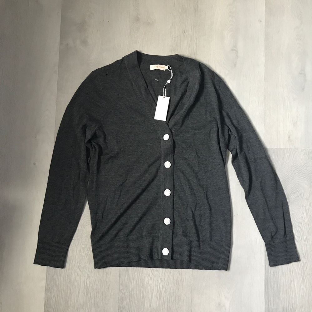 TORY BURCH CLASSIC CARDIGAN SWEATER V NECK LOGO BUTTON XL NWT